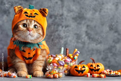 Kitten wearing pumpkin costume celebrating halloween with candy