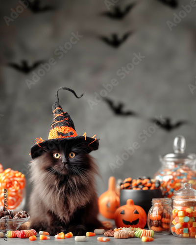 Black cat wearing witch hat celebrating halloween with candy and pumpkins
