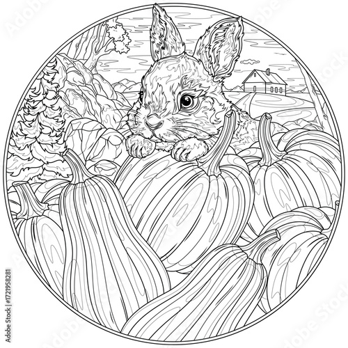 Rabbit and pumpkins in the yard in round frame.Fall.Coloring book antistress for children and adults. 
