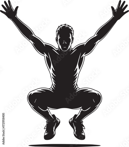 Dynamic silhouette of a fit athlete performing a squat jump in peak physical condition