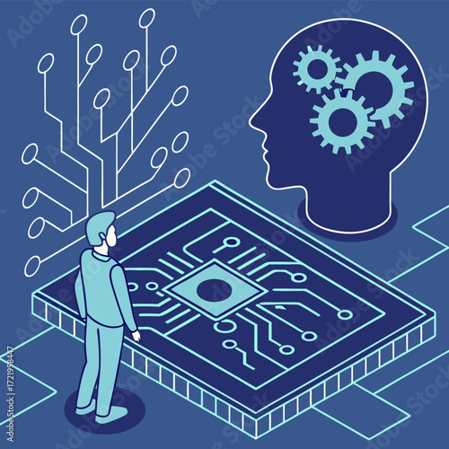 A determined businessman navigates a complex digital maze, symbolizing the challenges and opportunities of modern technology and global communication