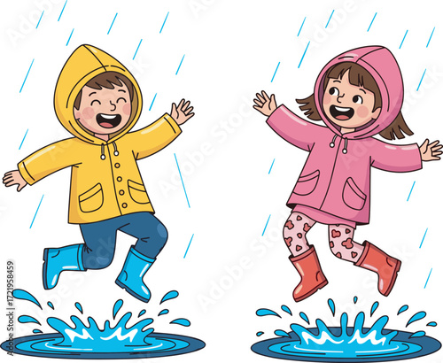 Children playing in rain, jumping in puddles, wearing raincoats and boots, holding umbrella, joyful weather scene, cartoon vector illustration