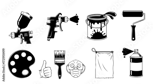 Collection of painting and decorating tools, including spray guns, paint cans, rollers, brushes, and protective gear