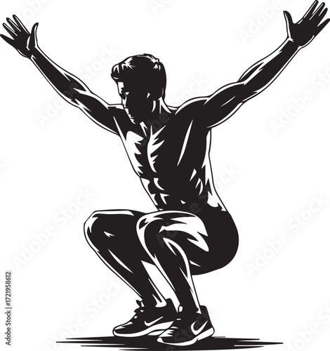 Muscular fitness athlete silhouette performing a deep squat with arms raised wide