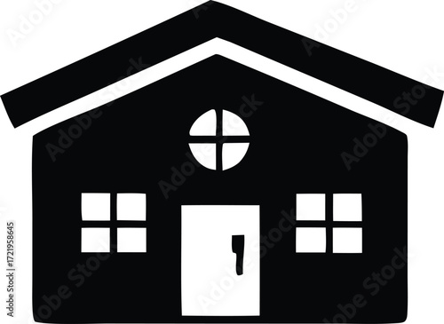 Simple black silhouette of a house with windows and door symbolizing home and residence