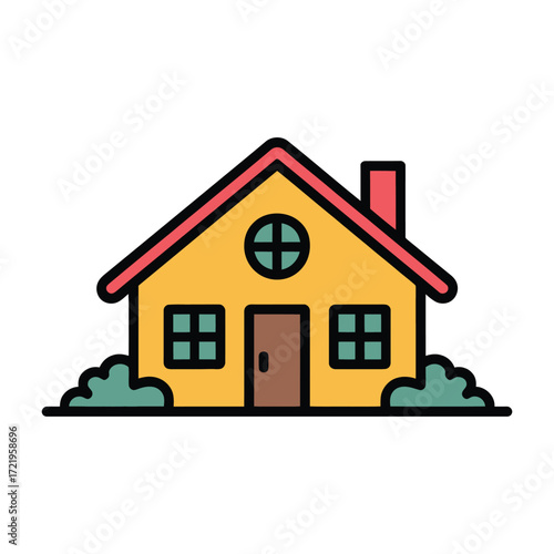 Charming cartoon house with red roof and green bushes simple residential dwelling icon