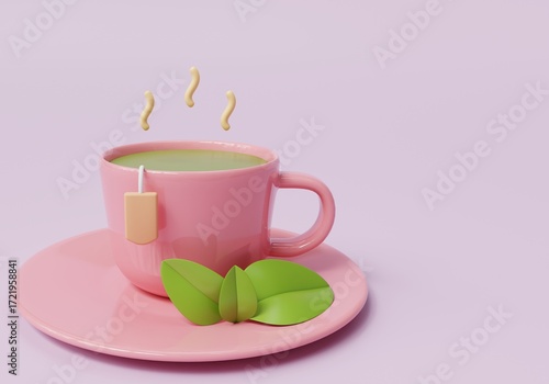 Pink Teacup with Green Tea and Tea Bag with purple background