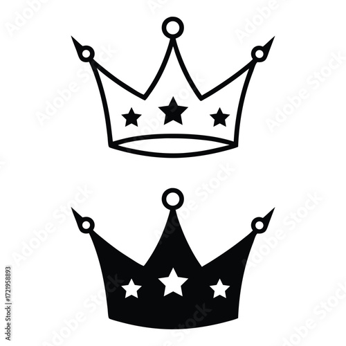 Vector art of two crowns with stars, one outlined and one solid black, on white