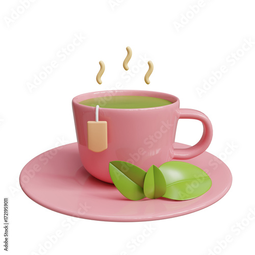 Pink Teacup with Green Tea and Tea Bag