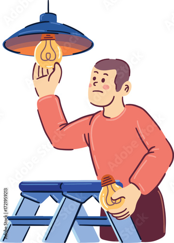 Man changing lightbulb on a stepladder