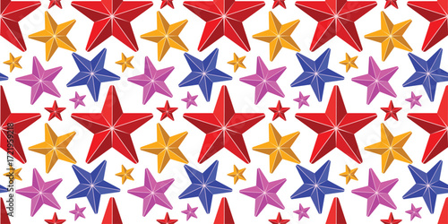 Seamless colorful star pattern with red, purple, orange, and blue 3D styled stars, festive decorative background vector perfect for celebration, party, holiday, and creative design projects.