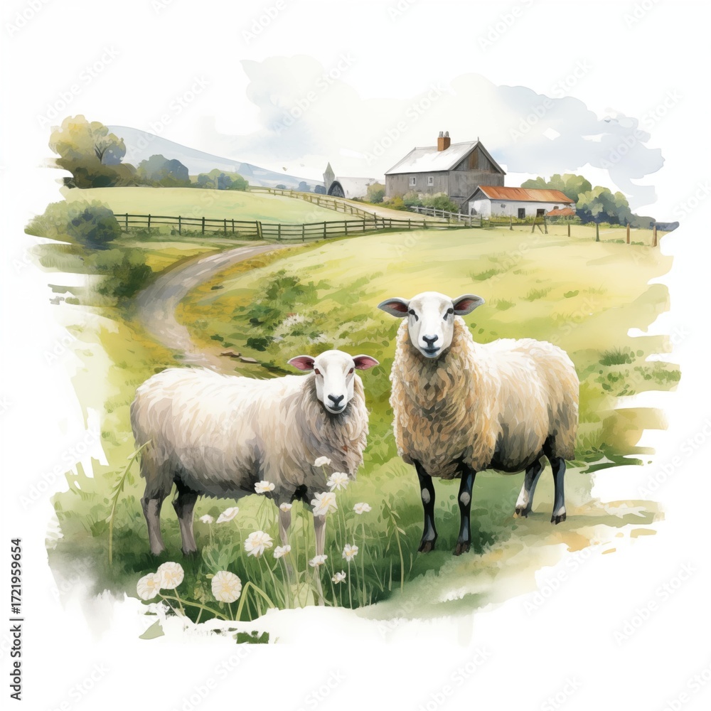 Obraz premium The watercolor-style illustration shows two white sheep standing in a grassy field near a farmhouse and a winding road, with a backdrop of rolling green hills.