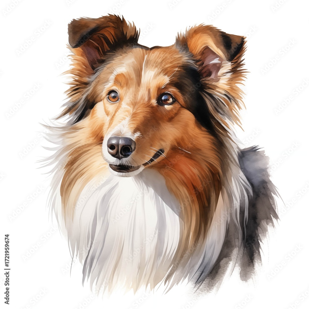 Fototapeta premium The illustration shows a Shetland Sheepdog, its fur depicted in shades of brown, white, and black using watercolor techniques.