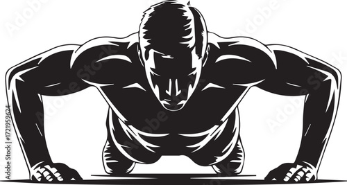 Powerful male fitness athlete silhouette performing push-ups dynamic strength training exercise workout