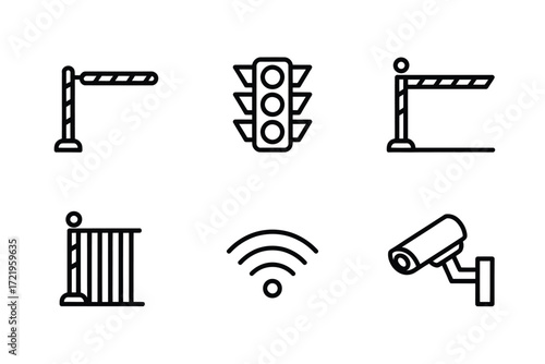 Collection of simple line art icons representing traffic control and security systems