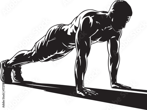Muscular fitness athlete silhouette performing a dynamic push-up exercise for strength training