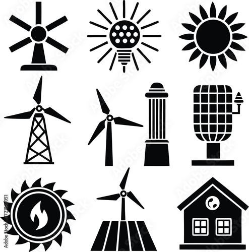 Collection of renewable energy icons featuring wind turbines solar panels sun and a house for sustainable power concepts