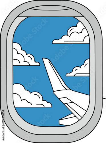 Scenic airplane window view with the aircraft wing soaring above the white clouds in a blue sky. Vector travel concept illustration