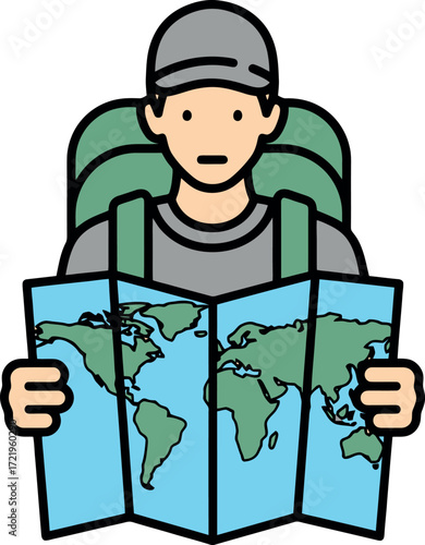 Traveler Inspecting a World Map, Planning an Asset Adventure
