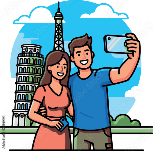 Happy couple taking a selfie on a European vacation with famous French and Italian landmarks in the background. Vector illustration of tourists