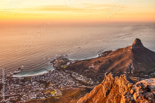 Cape Town Sunset Aerial View from Table Mountain over Camps Bay, Lion's Head and Twelve Apostles in the Background