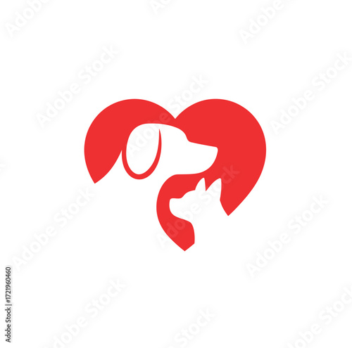  Red heart silhouette with dog and cat profiles—minimalist pet care icon symbolizing love, adoption, veterinary services, and animal welfare