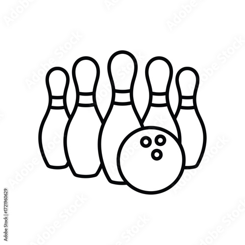 Simple line art icon of bowling pins and ball ready for game