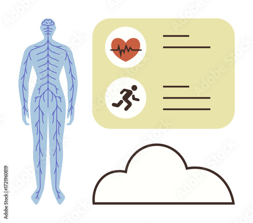 Nervous system illustration with health data screen featuring heart rate and fitness, alongside cloud icon. Ideal for medicine, health, wellness, fitness, research, education technology. Simple flat