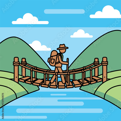 A solo hiker with a backpack crosses a wooden rope bridge in a mountain valley, a vector illustration symbolizing a journey and adventure
