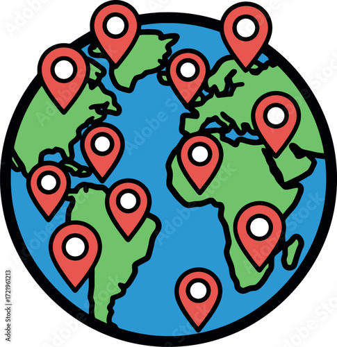 Planet Earth with red map pointers symbolizing worldwide destinations, international business, navigation, and global positioning