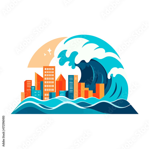 A stylized illustration depicting a massive tsunami wave crashing over a city skyline, with a rising sun.
