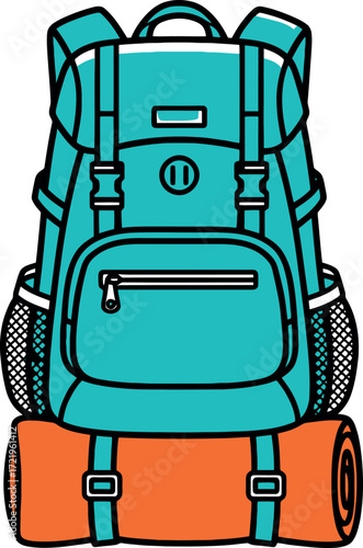 Turquoise backpack with rolled orange sleeping mat, ready for adventure and exploration