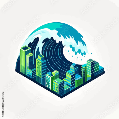 Isometric illustration depicting a massive blue and green tsunami wave engulfing a modern city skyline with numerous buildings, symbolizing natural disaster.