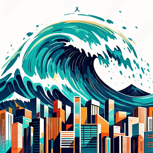 A stylized illustration of a massive tsunami wave cresting over a colorful urban cityscape.