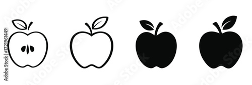 Vector art of apple icon evolution from detailed outline to solid silhouette on white background 
