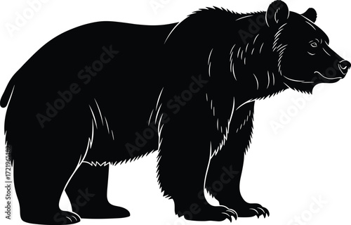 Grizzly bear silhouette, black wild animal, standing bear illustration, wildlife vector art, muscular bear drawing, nature design, forest creature
