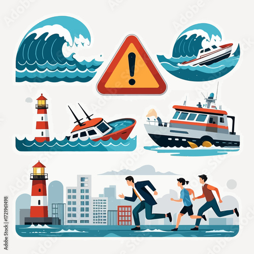 Tsunami disaster warning icon set with giant waves, sinking ships, and people evacuating a coastal city.