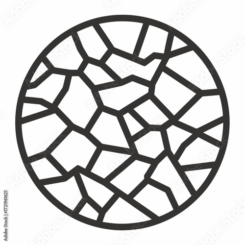 Abstract circular design featuring a cracked or fractured pattern with irregular shapes and bold black lines.