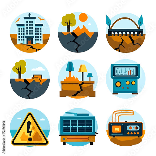 A collection of icons depicting earthquake damage to buildings, bridges, landscapes, furniture, and equipment, along with a warning sign.