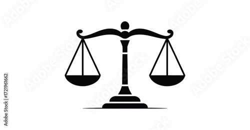  Black silhouette of balanced justice scales—minimalist legal icon symbolizing fairness, law, equality, and impartiality in judicial design