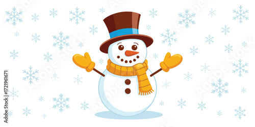  Festive snowman with top hat, scarf, and mittens on snowy background—cheerful winter illustration for holiday, seasonal, or greeting designs