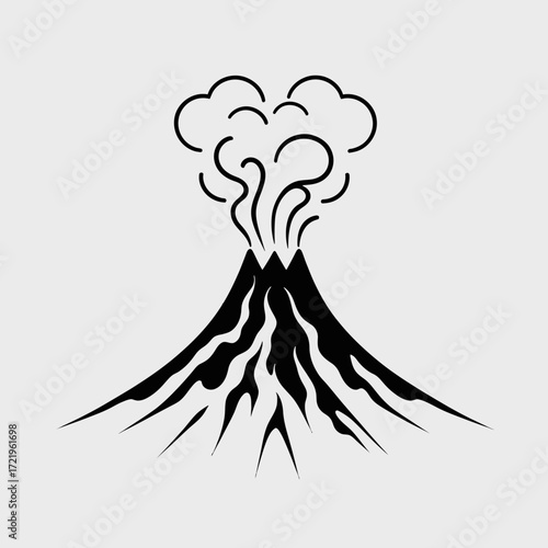 Black and white illustration of an erupting volcano with smoke billowing from its peak.