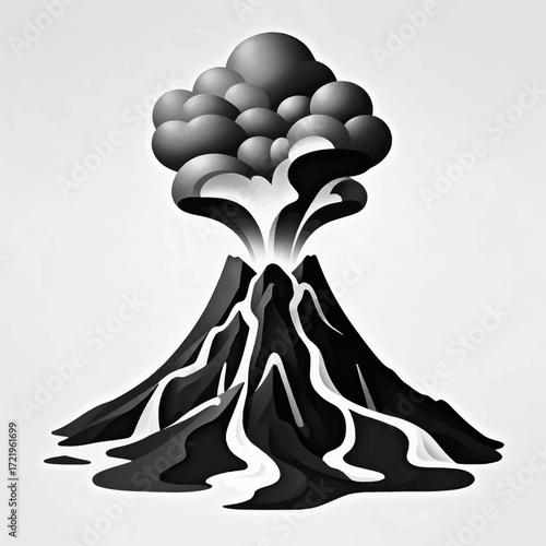 Stylized illustration of a volcanic eruption with glowing lava flowing down its slopes and a large plume of smoke billowing into the sky.