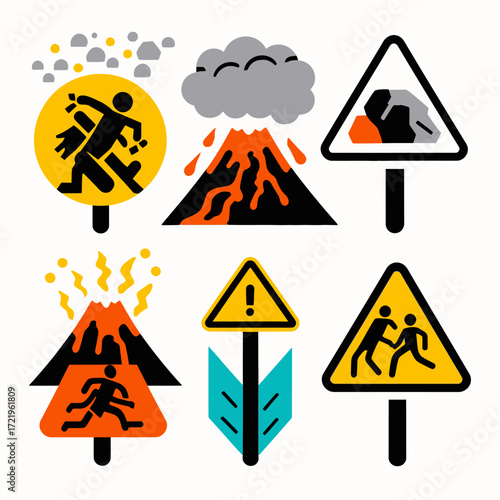 A collection of graphic icons and warning signs depicting volcanic eruptions, falling rocks, and emergency evacuation scenarios.