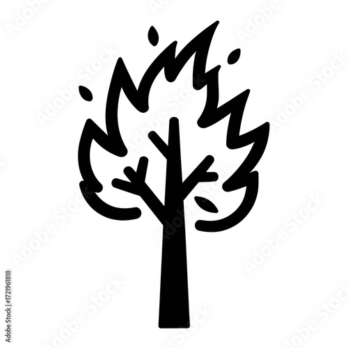 Minimalist black and white icon illustrating a tree engulfed in flames, with small leaves scattering.