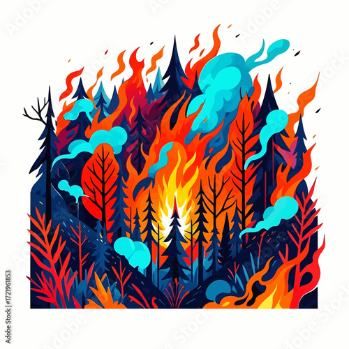 Stylized illustration of a vibrant forest fire with intense flames and smoke engulfing dark trees.