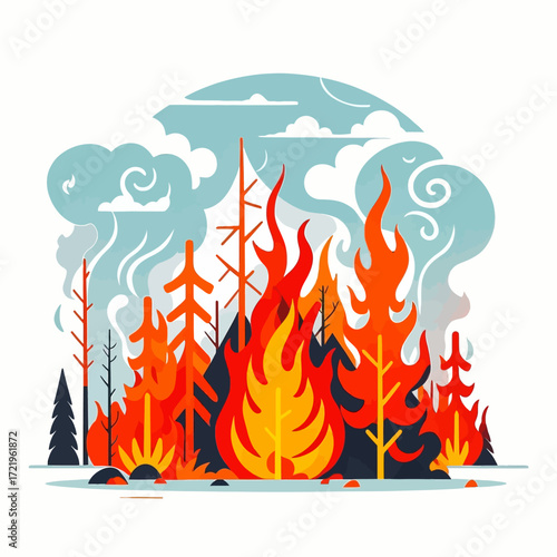 A stylized illustration of a raging wildfire engulfing a pine forest, with large flames and thick smoke billowing into the sky.
