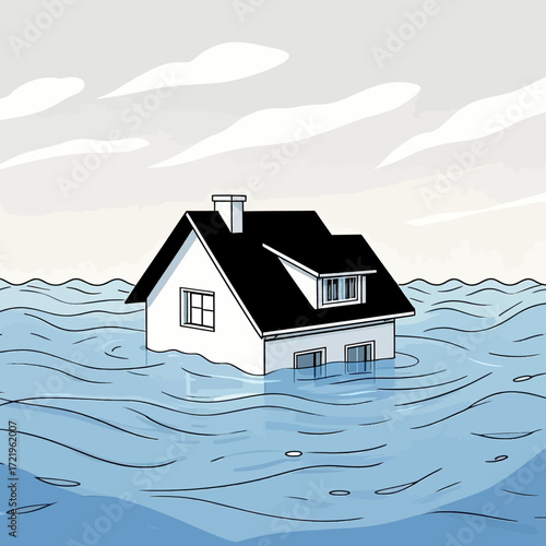 A white house is partially submerged in rising blue floodwaters under a grey, cloudy sky, depicting a natural disaster.