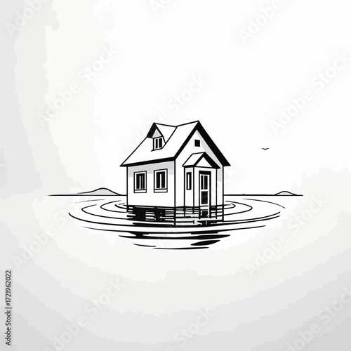 A minimalist black and white line drawing of a solitary house standing in water, creating ripples.