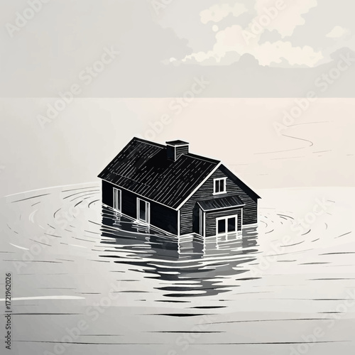 A monochromatic illustration of a flooded home, isolated and partially submerged in rippling water.